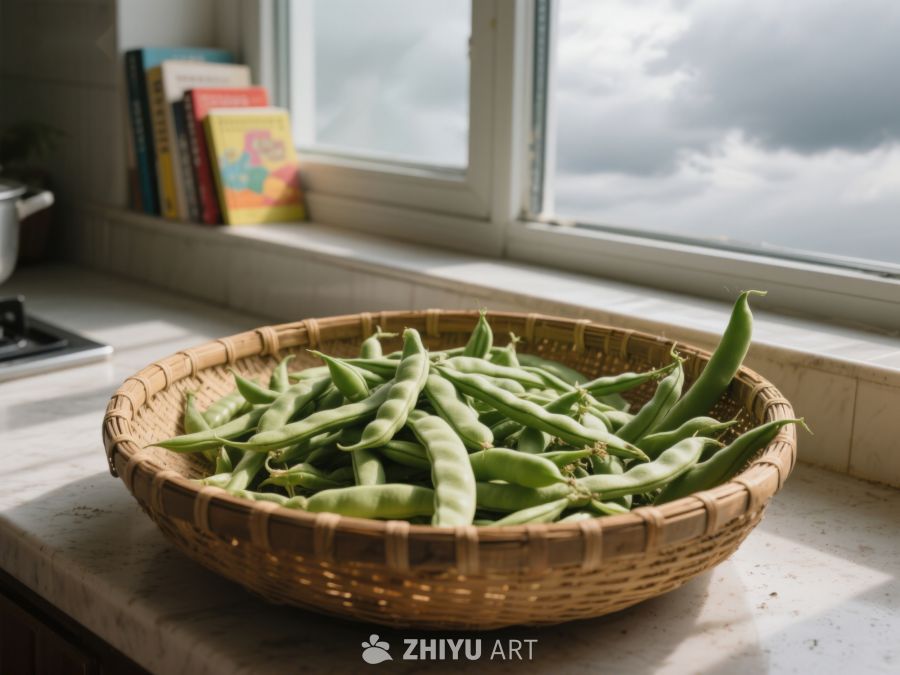 窗边竹篮里的新鲜豆荚 123