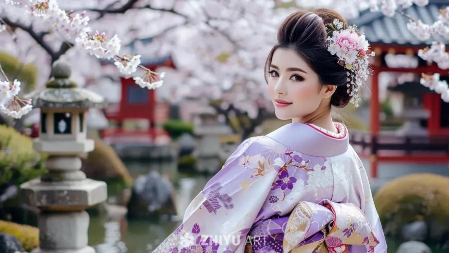 一位身穿白色和淡紫色日式和服的女性，站在一个日式庭
