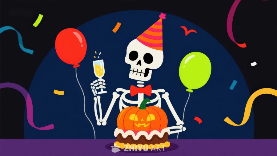 骷髅庆祝万圣节，手持南瓜蛋糕