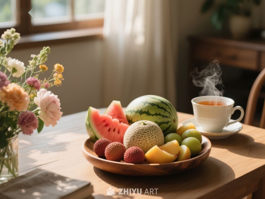水果茶点与鲜花的温馨早晨 551