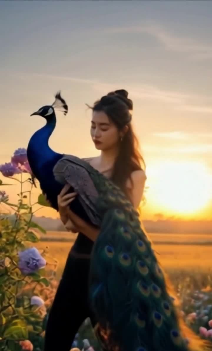 夕阳下的女子与孔雀：静谧温馨的画面