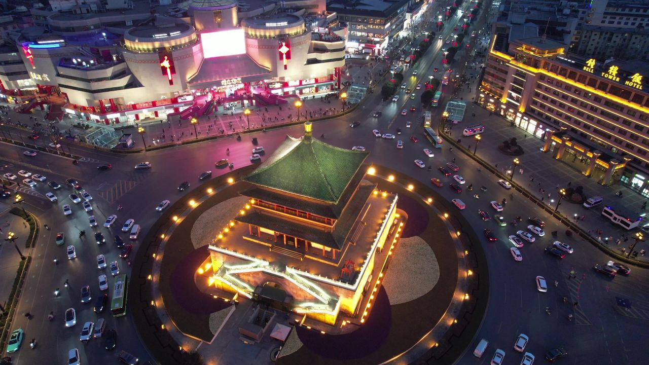 陕西西安钟楼夜景航拍 