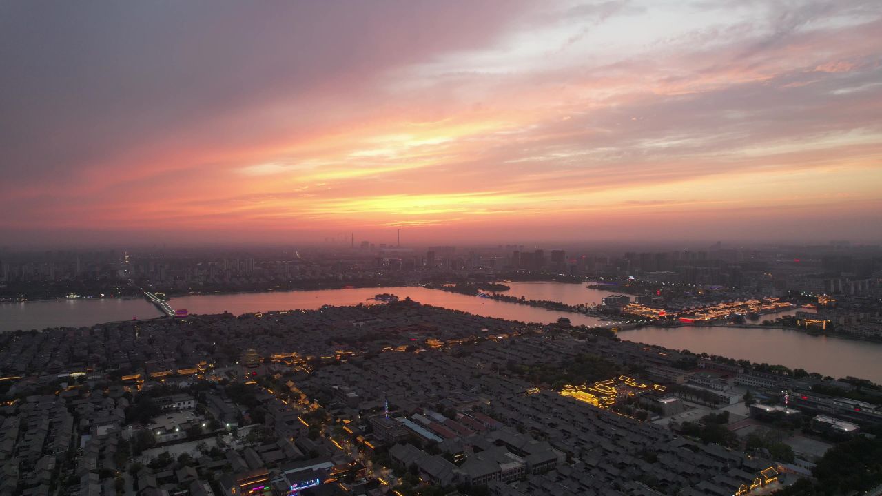 中华水上古城夕阳晚霞火烧云夜景降临山东聊城  