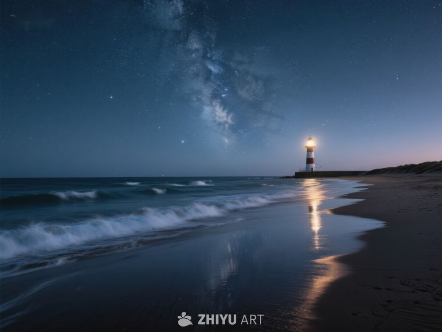 夜空下的灯塔与海滩 299