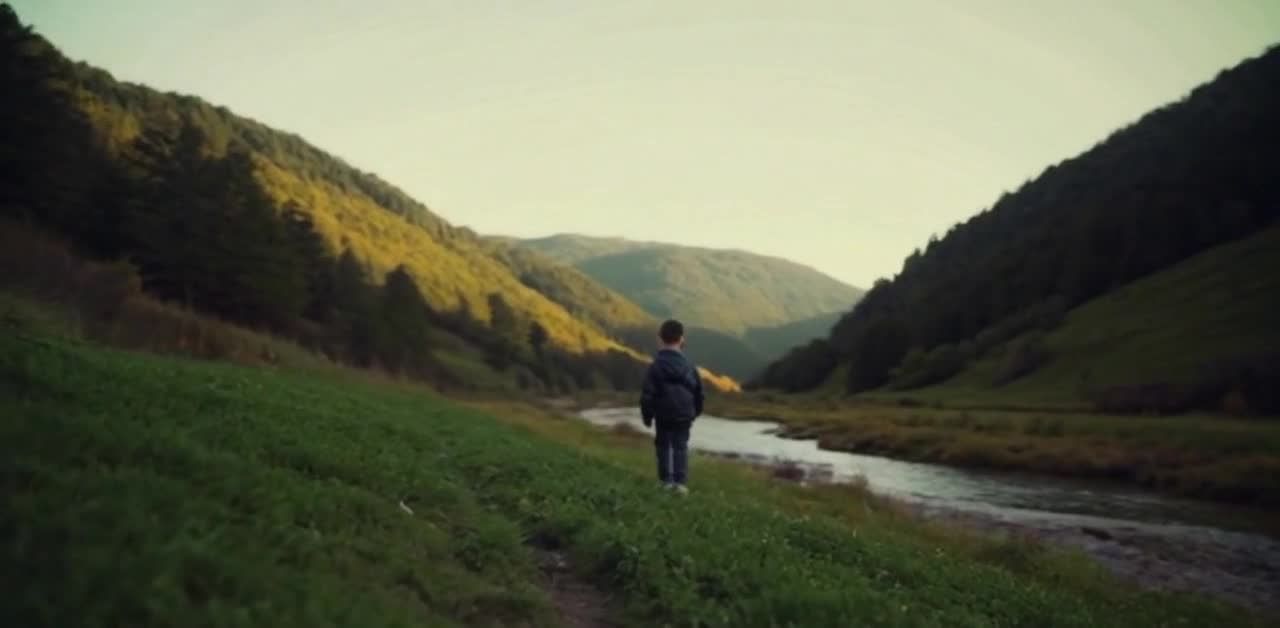 男孩在山谷小路行走，远山河流，绿色风景。