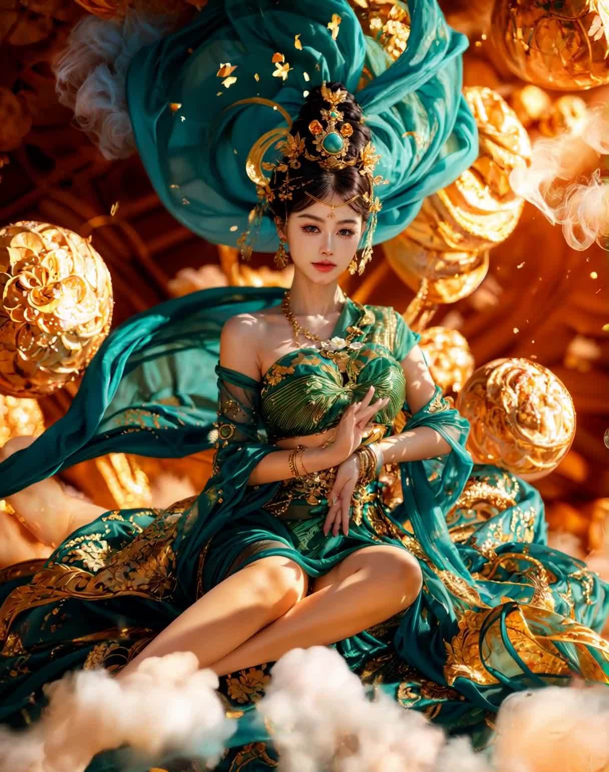 一位女性缓慢地将视线转向镜头，她身着饰有金色纹样的