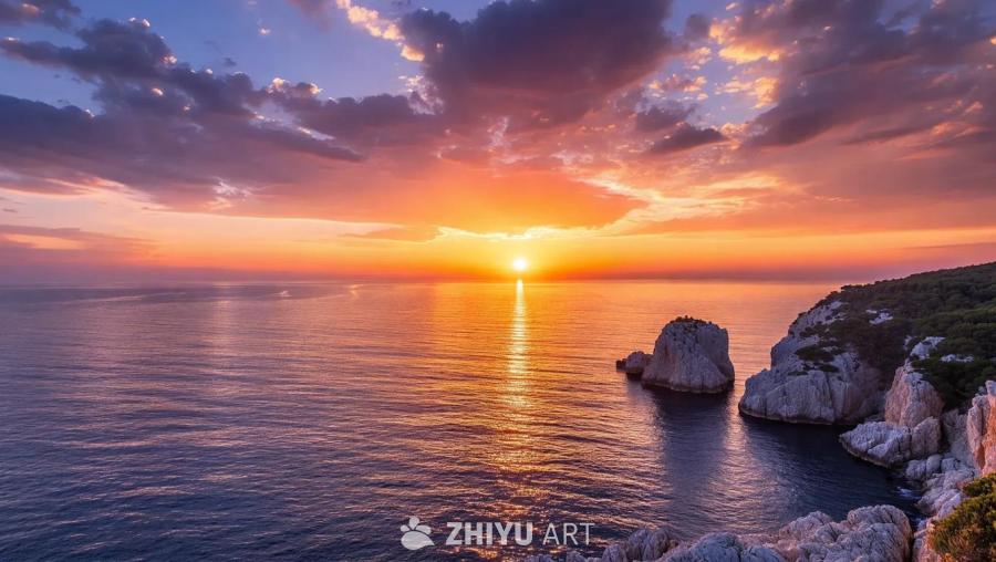 海面上方是日落景象，太阳正缓缓落下，将金色的光芒洒