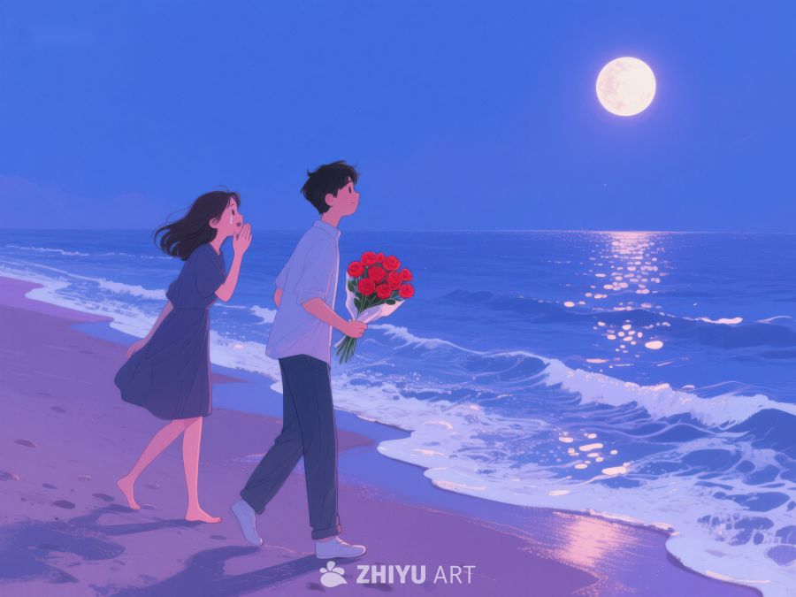 月下海边漫步，手捧玫瑰的情侣 1196