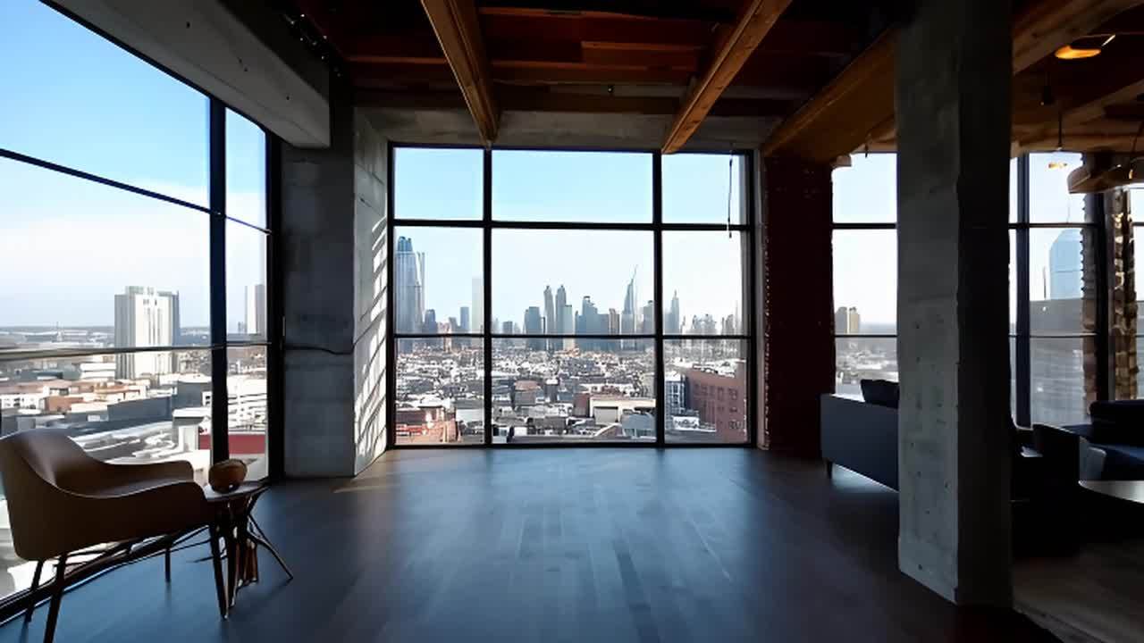 一个阁楼内部，有市中心景观，采用粗犷的室内风格，混