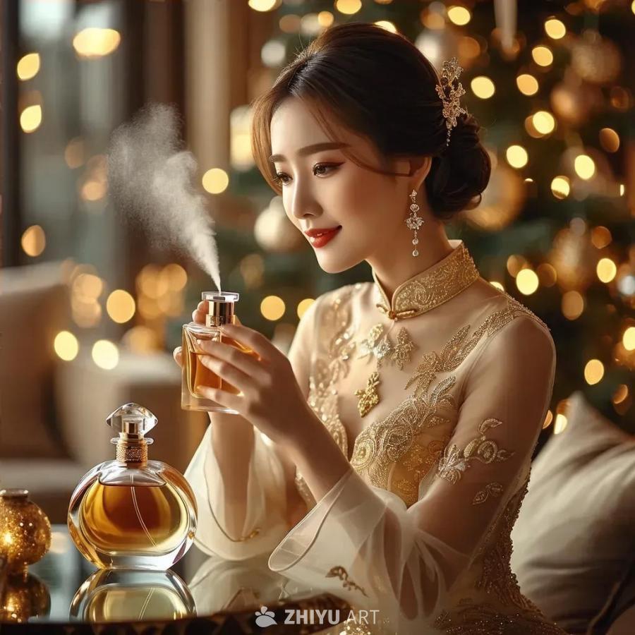 一位年轻的中国女性模特，四分之三侧面朝向镜头。她身