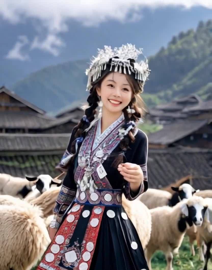 民族服饰少女与羊群，青山绿水村落风光