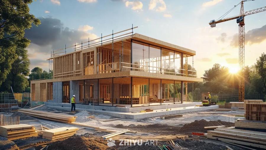 一个现代、生态友好的房屋正在建造中，钢筋水泥结构与
