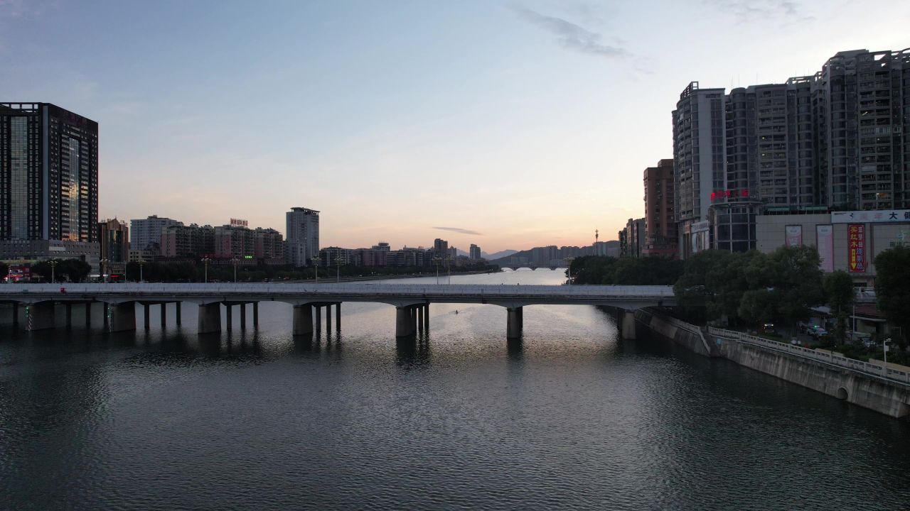 广东韶关城市清晨日出彩霞风景航拍 