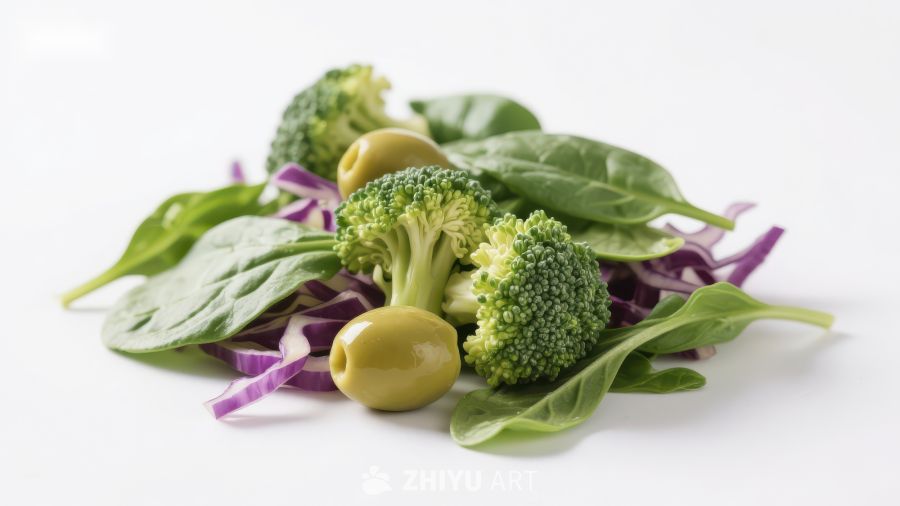 新鲜蔬菜组合：西兰花、菠菜与橄榄