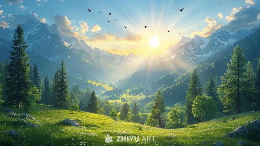 高耸入云的山峰，阳光普照。树木林立，绿色草地覆盖。