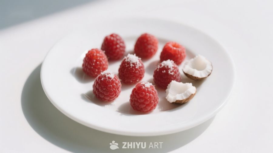 白盘上的覆盆子与椰子片