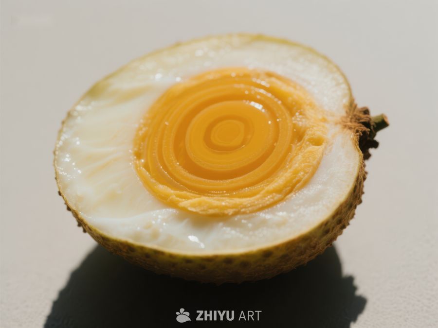 切开的水果，露出螺旋状黄色果肉 384