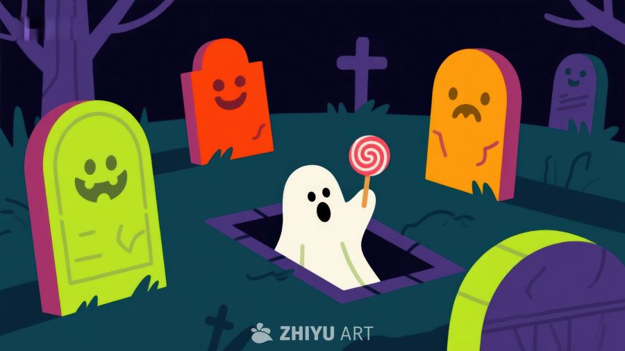 万圣节墓地中的糖果幽灵