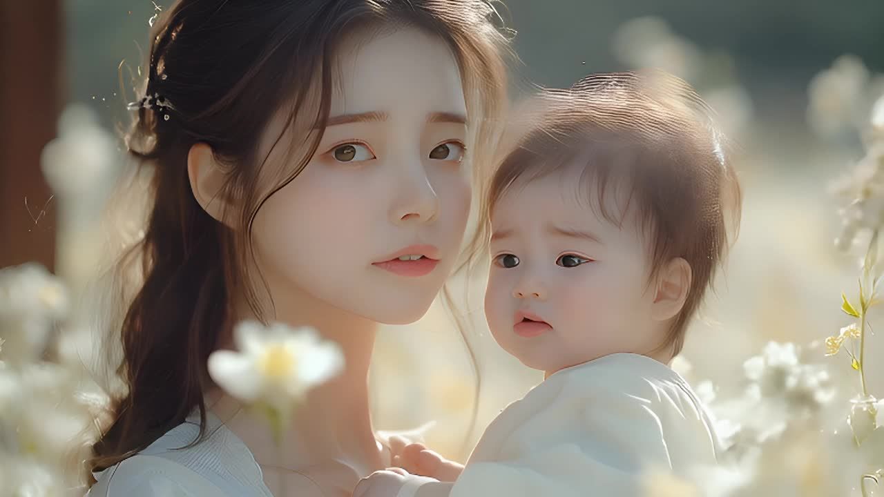 一位母亲抱着她的孩子，他们的目光充满柔情。柔和的阳