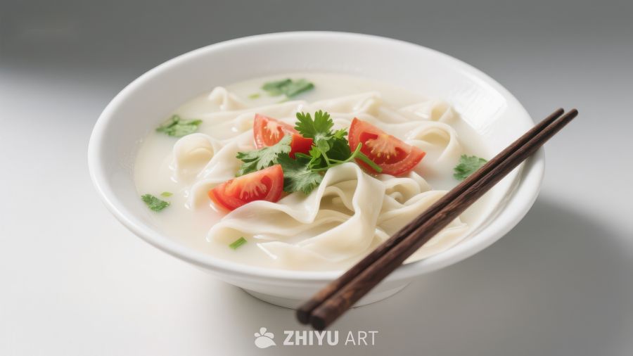 一碗清新面条汤配番茄和香菜