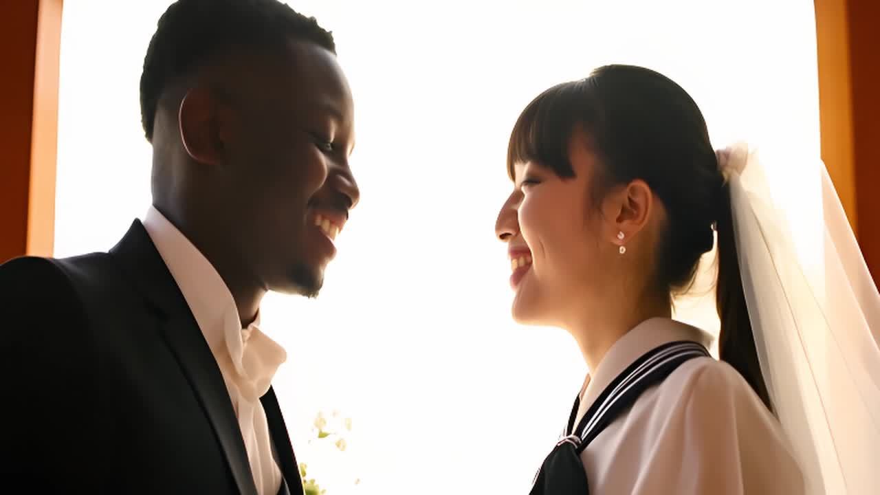 一位穿着水手服风格校服的漂亮日本女学生与一位非洲男