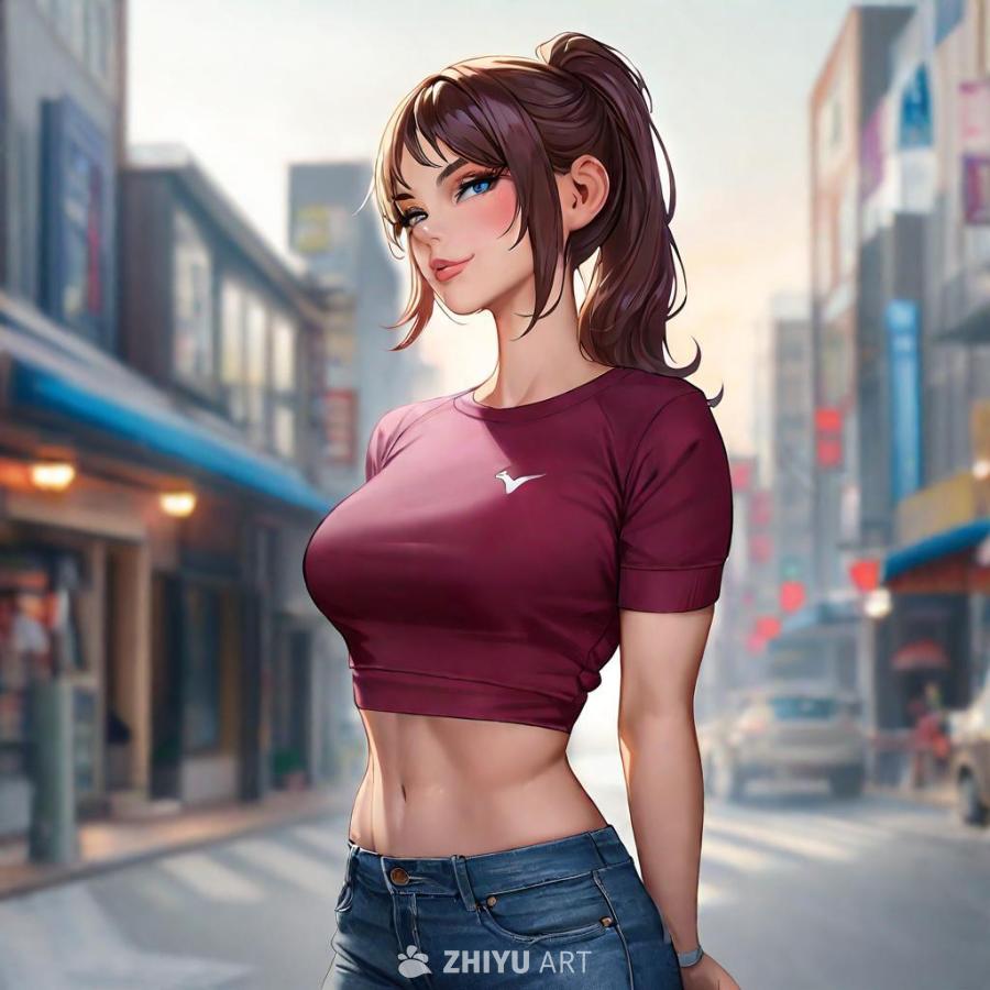 一个漂亮的女人穿着一件无领的勃艮第衬衫、牛仔裤和白