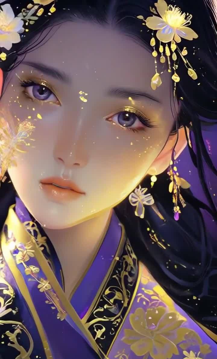 紫色华服金色花饰的古典绝美女性特写