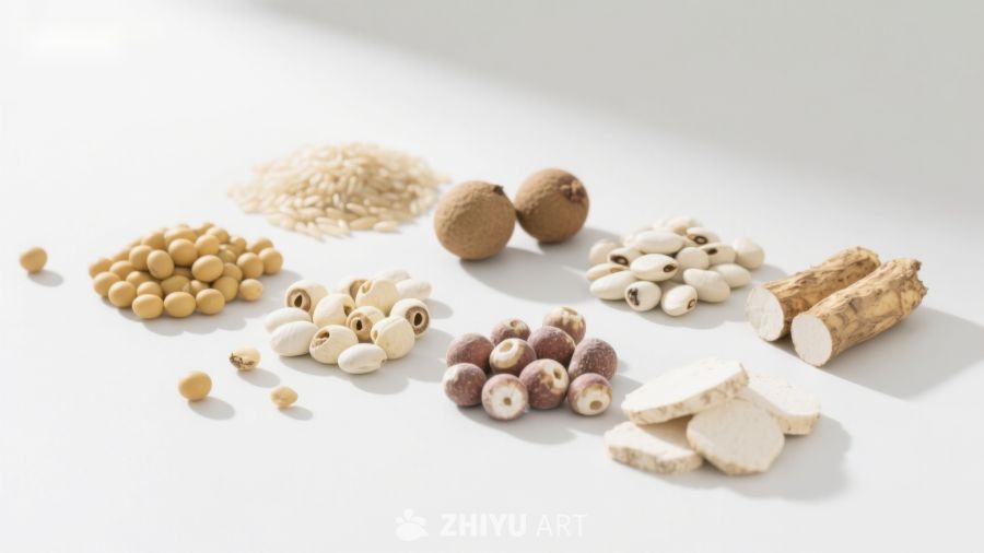 多种豆类与根茎食材展示