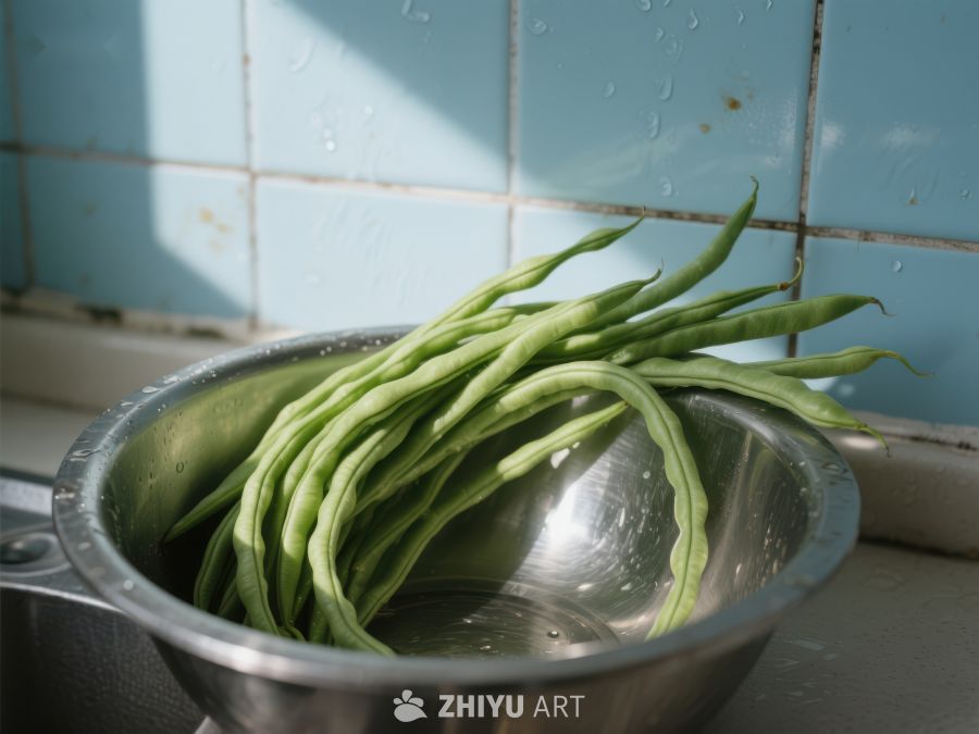 新鲜四季豆置于不锈钢盆中 329