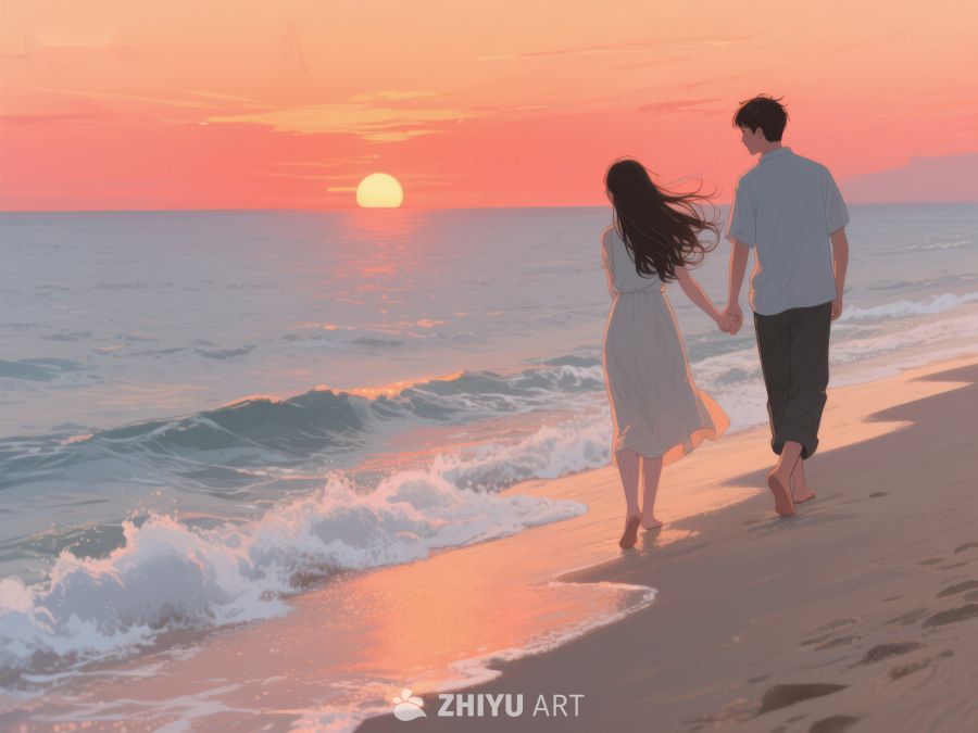 情侣牵手漫步海滩夕阳 527