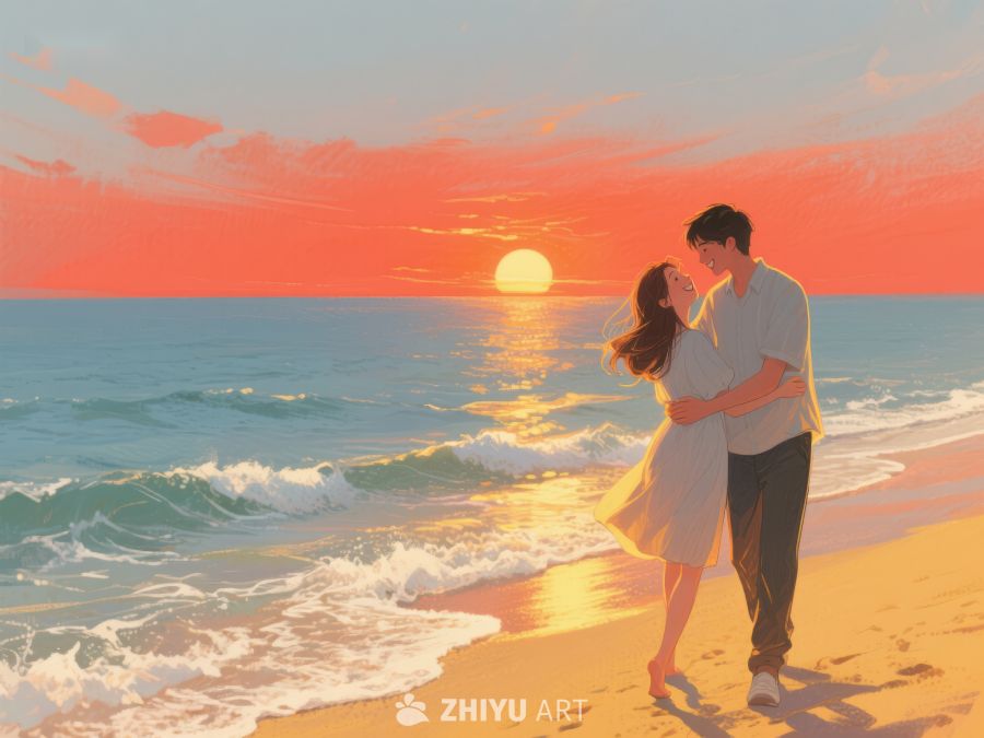 海滩日落下的情侣漫步 296