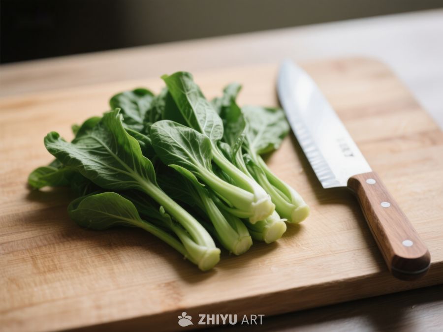 新鲜青菜与刀具置于砧板上 485