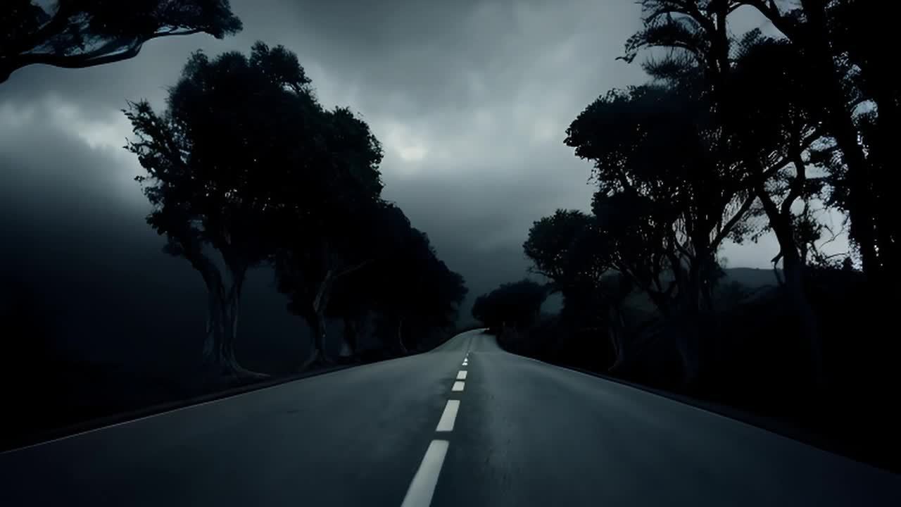 一条孤独的道路在夜晚被风吹拂着。道路两旁排列着高大