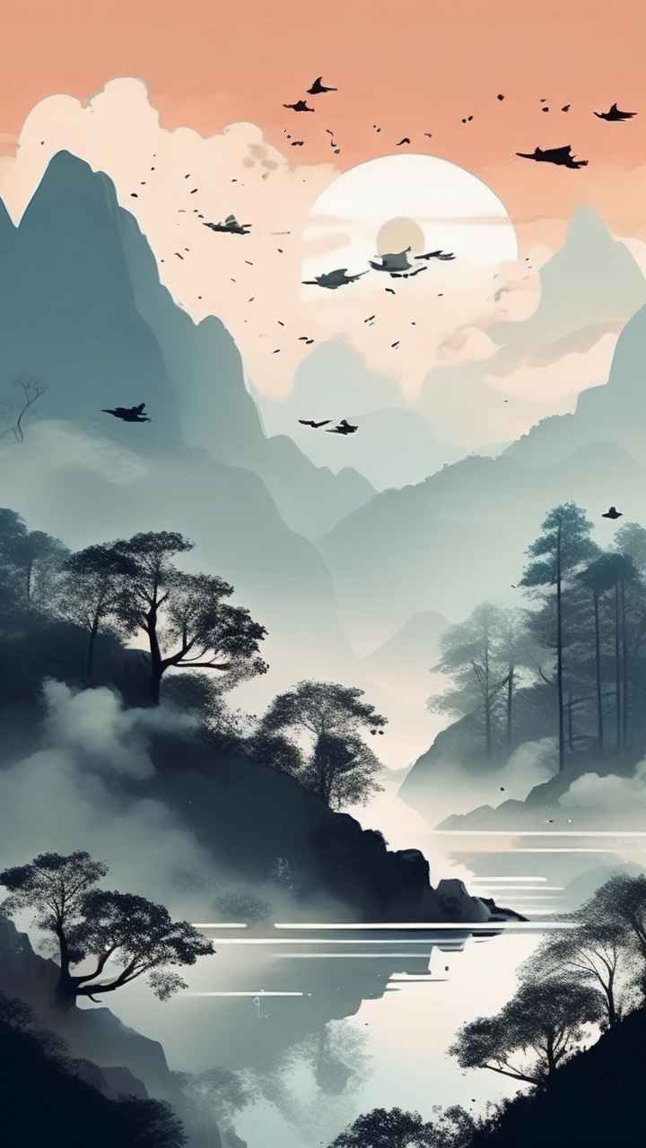国风水彩画山水风景插画 51