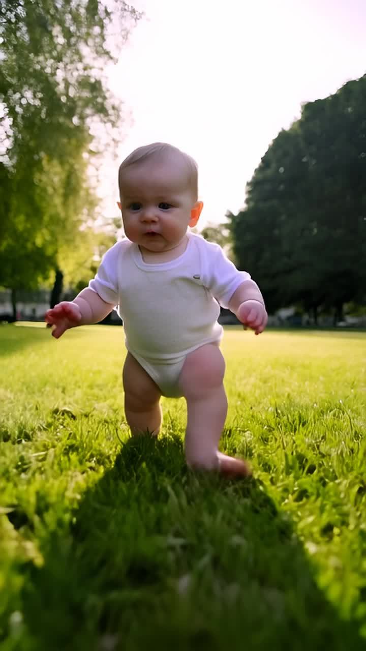 婴儿穿着白色的衣服，站在草地上。阳光透过树叶洒落在他的身上，形成美丽的光影效果。他似乎正在迈出人生的第一步，虽然还有些蹒跚，但充满了勇气和决心。这个场景发生在一个公园里，周围环境宁静而美好。草地绿油油的，给人一种舒适的感觉。远处可以看到树木和一些模糊的建筑轮廓，为整个画面增添了一些层次感。婴儿的眼神清澈明亮，透露出一种纯真和无邪。他的表情专注而认真，仿佛在挑战自己的极限。尽管他还很年轻，但他已经展现出了勇敢和坚韧的品质。总的来说，这张照片捕捉到了一个充满希望和未来的瞬间。它让我们看到了生命的力量和潜力，以及每个人内心深处都有的勇气和梦想。