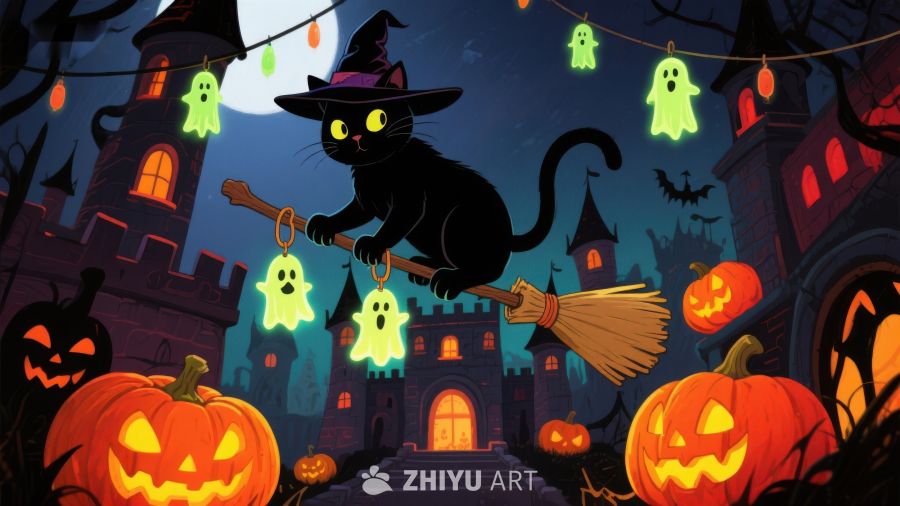 万圣夜黑猫骑扫帚