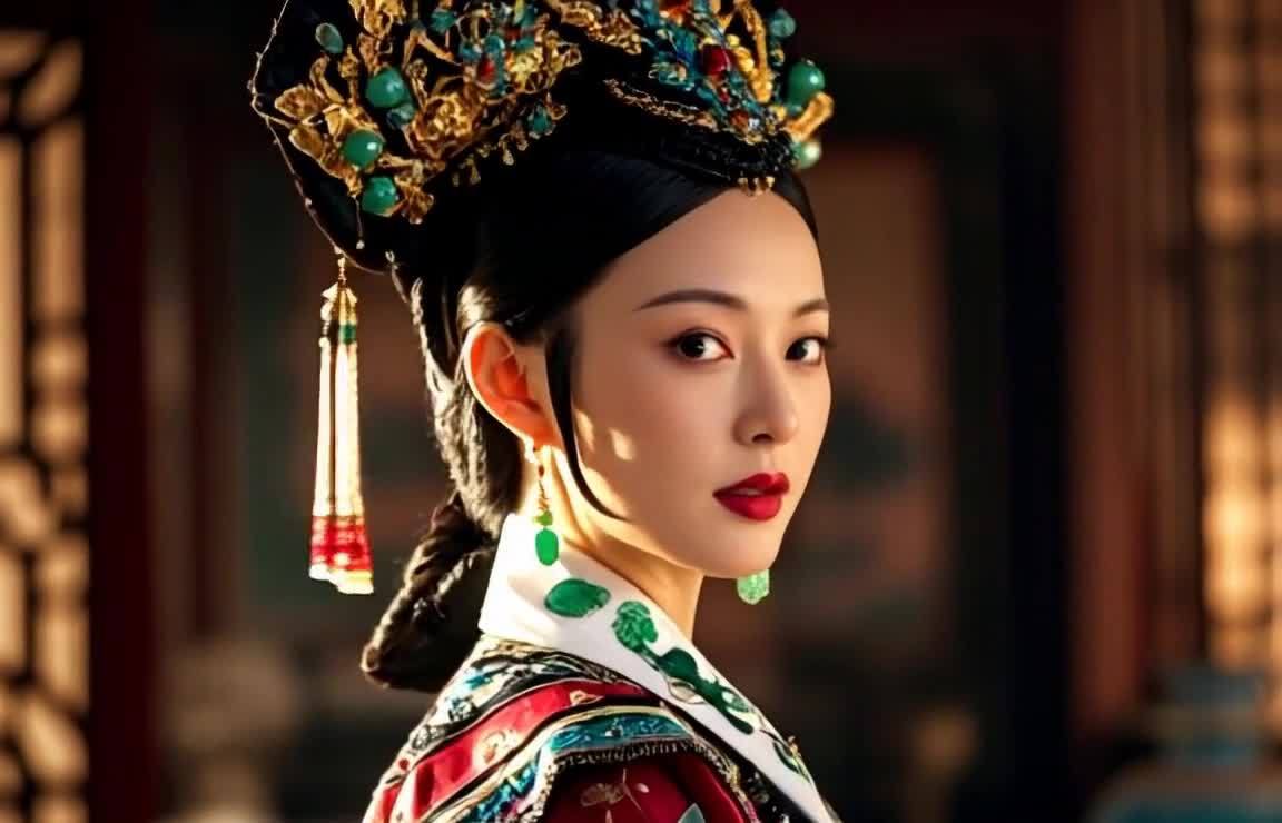 古典美人华服侧颜，头饰精致红唇朱砂点绛。