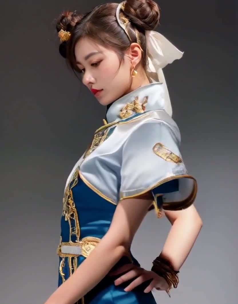 一个留着发髻的年轻女子，身穿蓝白相间的旗袍。她的发