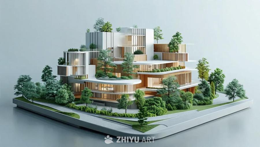 一个多层现代建筑，建筑外观呈白色，搭配木质和玻璃元