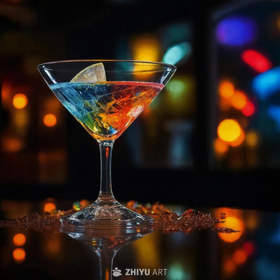 一个鸡尾酒杯，杯中液体呈现蓝色、橙色和红色分层，液