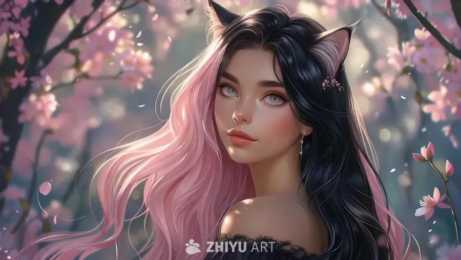 一个半人（半猫）的女性，长长的浅粉色和黑色头发。她