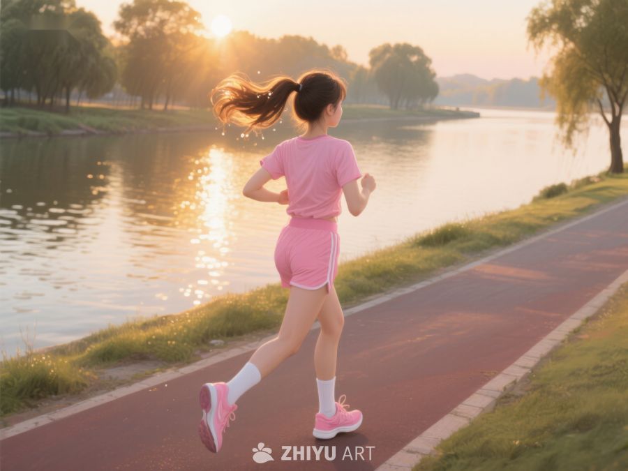 晨曦中沿湖跑步的女子 34