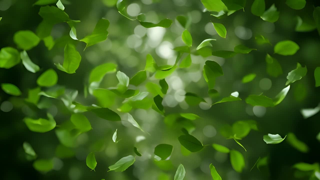 许多绿色的叶子在空中飘落，叶子呈旋涡状向下飘动。镜