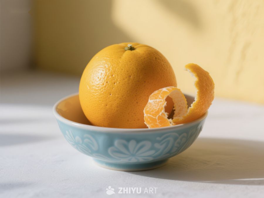 橙子与果皮置于蓝色花纹碗中 73