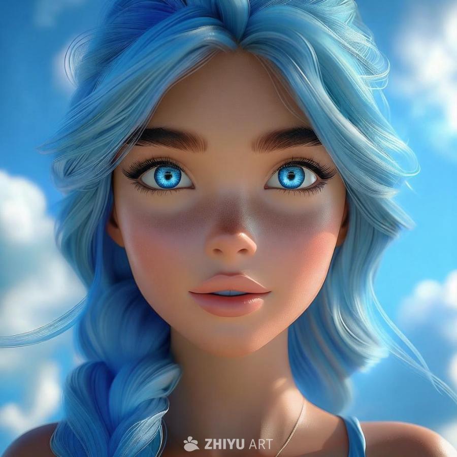 一个3D女孩，有着美丽的蓝色眼睛，在天空中举起手。