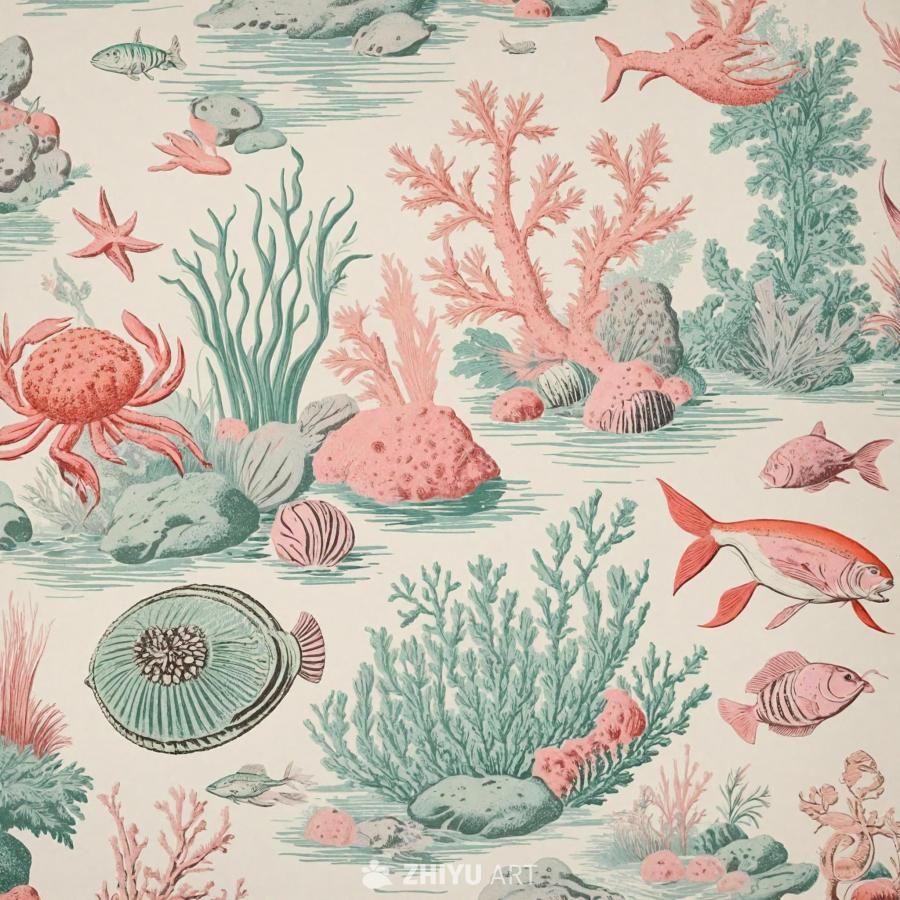 壁纸图案，以粉色和绿色为主色调，描绘了各种海洋生物