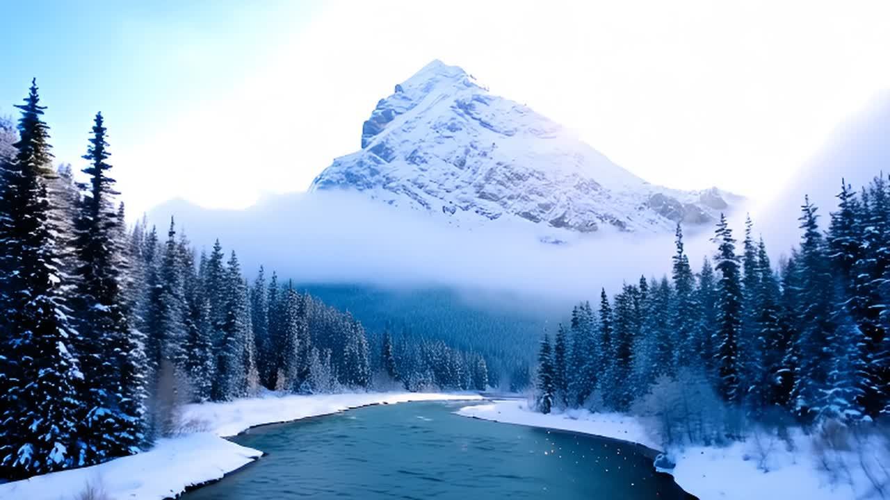 一座被雪覆盖的山脉，山顶尖锐突出。一条温和的河流蜿