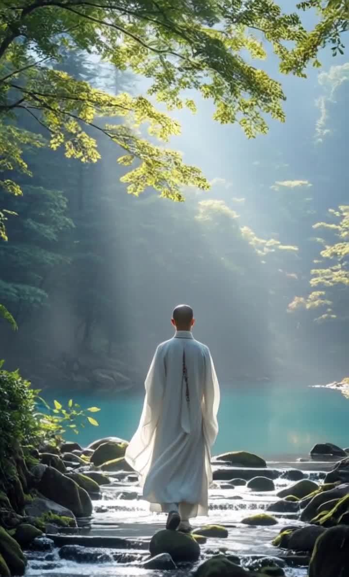 一位穿着白色长袍的僧人，背对镜头站在水边，似乎正走