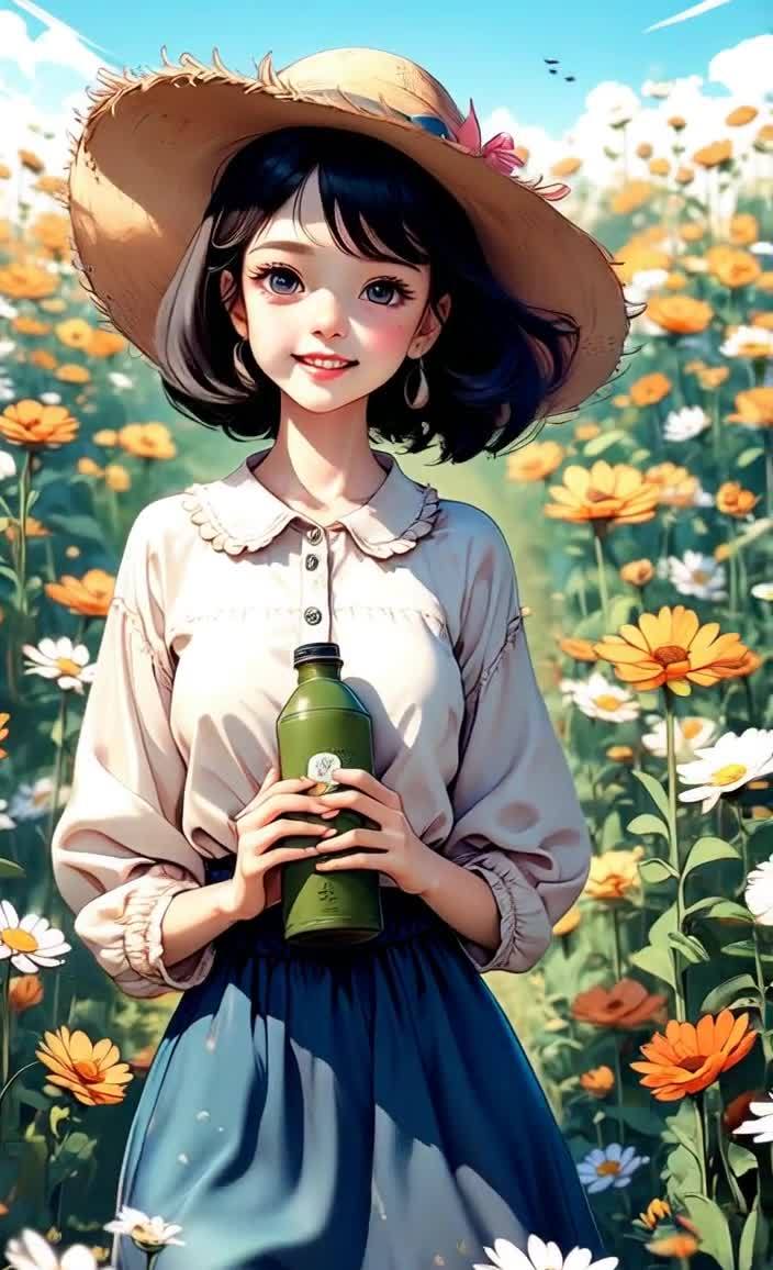 花田少女手持绿瓶微笑赏花