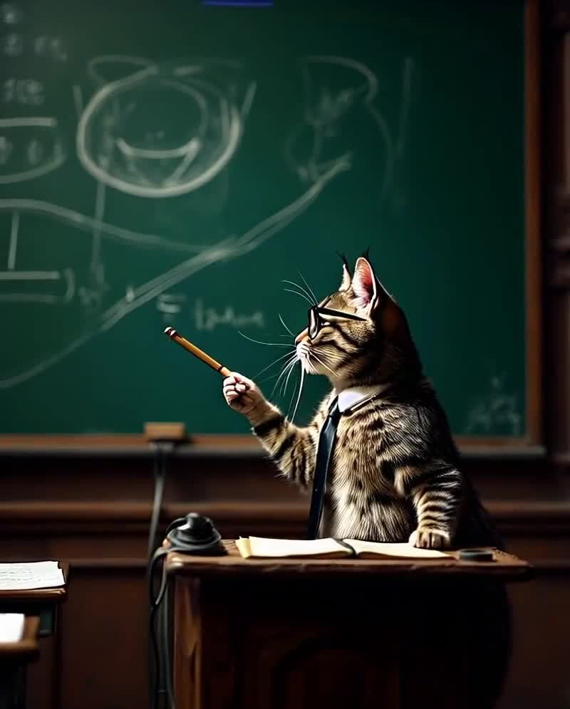 戴眼镜的猫老师在讲台上授课：数学课堂